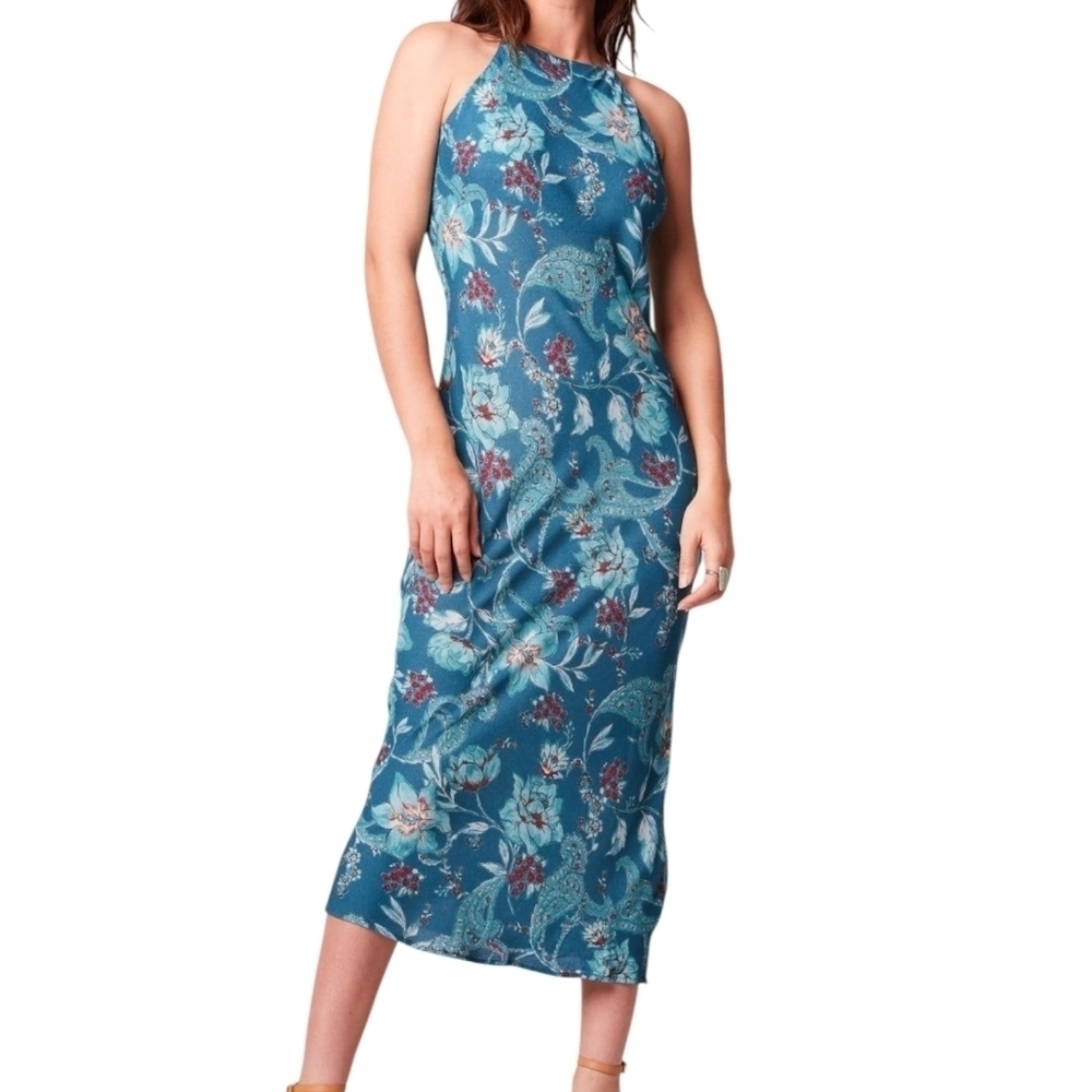 Band Of The Free Audette Teal Floral Halter Midi Dress Sz XS
